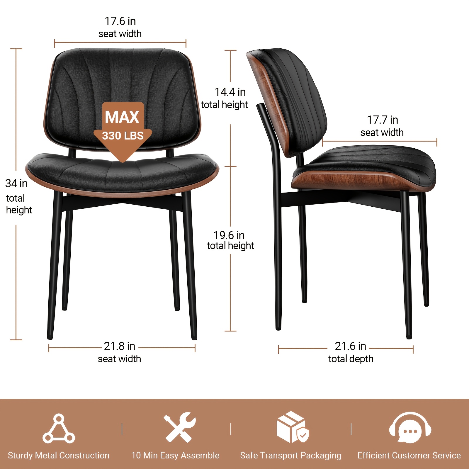 Padded Seat & Backrest - Modern Faux Leather Dining Chairs - Set Of 2 - Metal Legs with Adjustable Feet - for Kitchen, Dining Room, Office