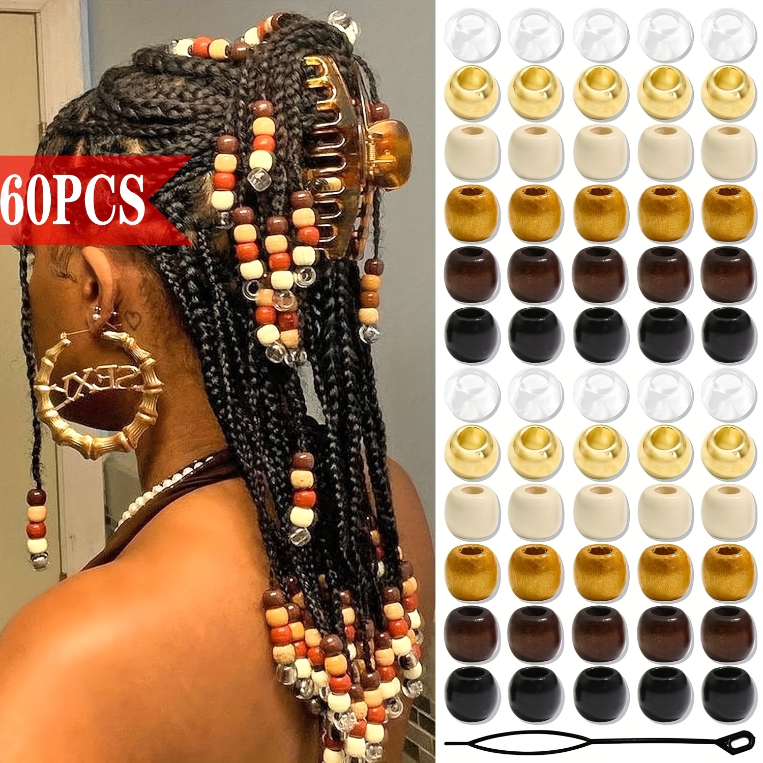 Image of 60pcs Woven Wooden Hair Beads, 6 Colorful Hair Accessories, Braiding Decorations, Cute Hair Ornament Craft Kit