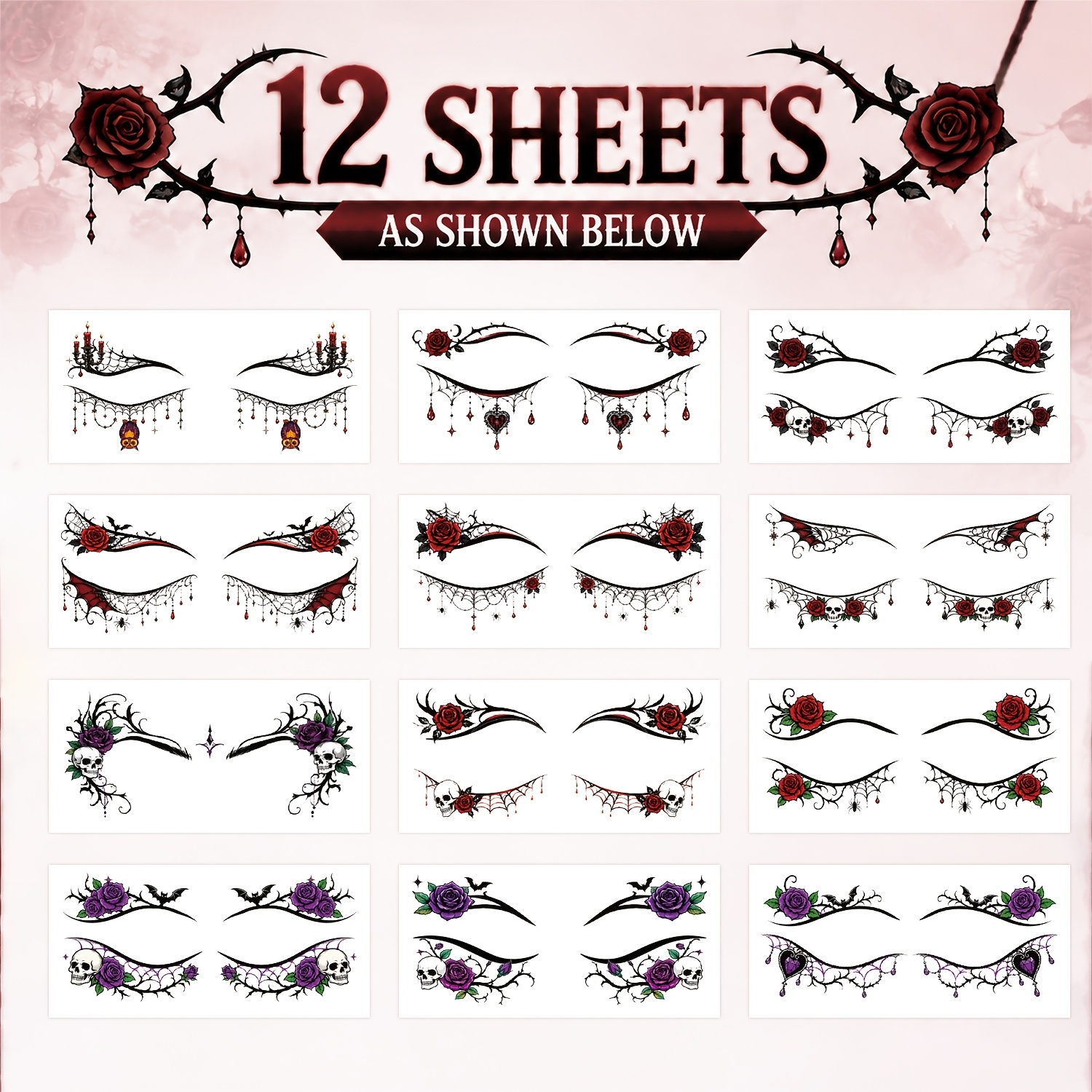 TEMU Kit de Maquillaje de Halloween para Mujer: Tatuajes Temporales de de Ojos con Sexys, Tatuajes Falsos Góticos, Delineador de Ojos con Tejido de ,