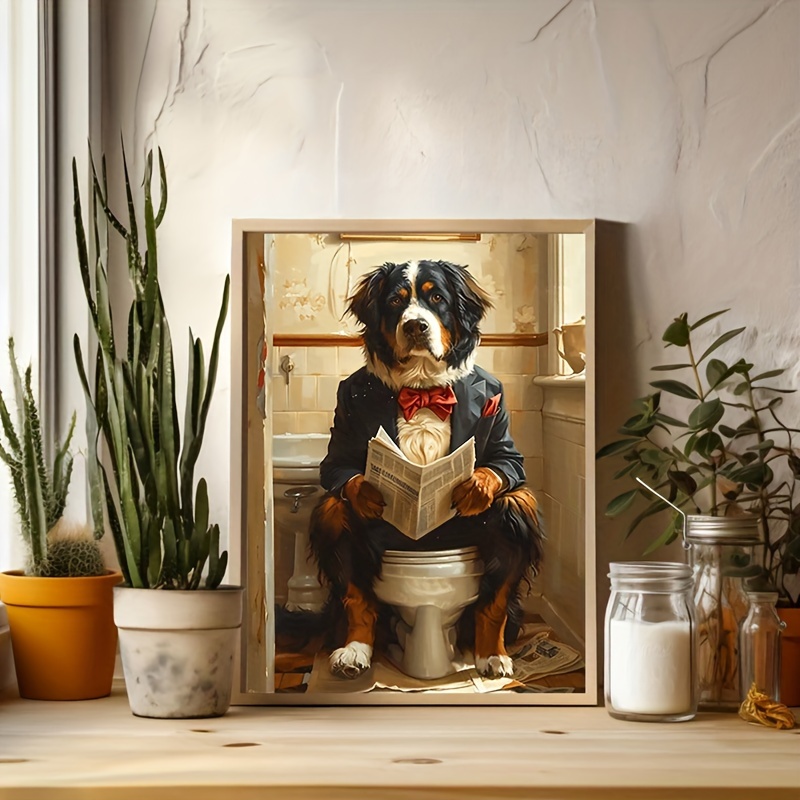 

Bernese In Suit On Toilet - 12x16" Frameless Canvas Art For Home & Office Decor, Perfect For Bedroom, Living Room, Kitchen, And Bathroom