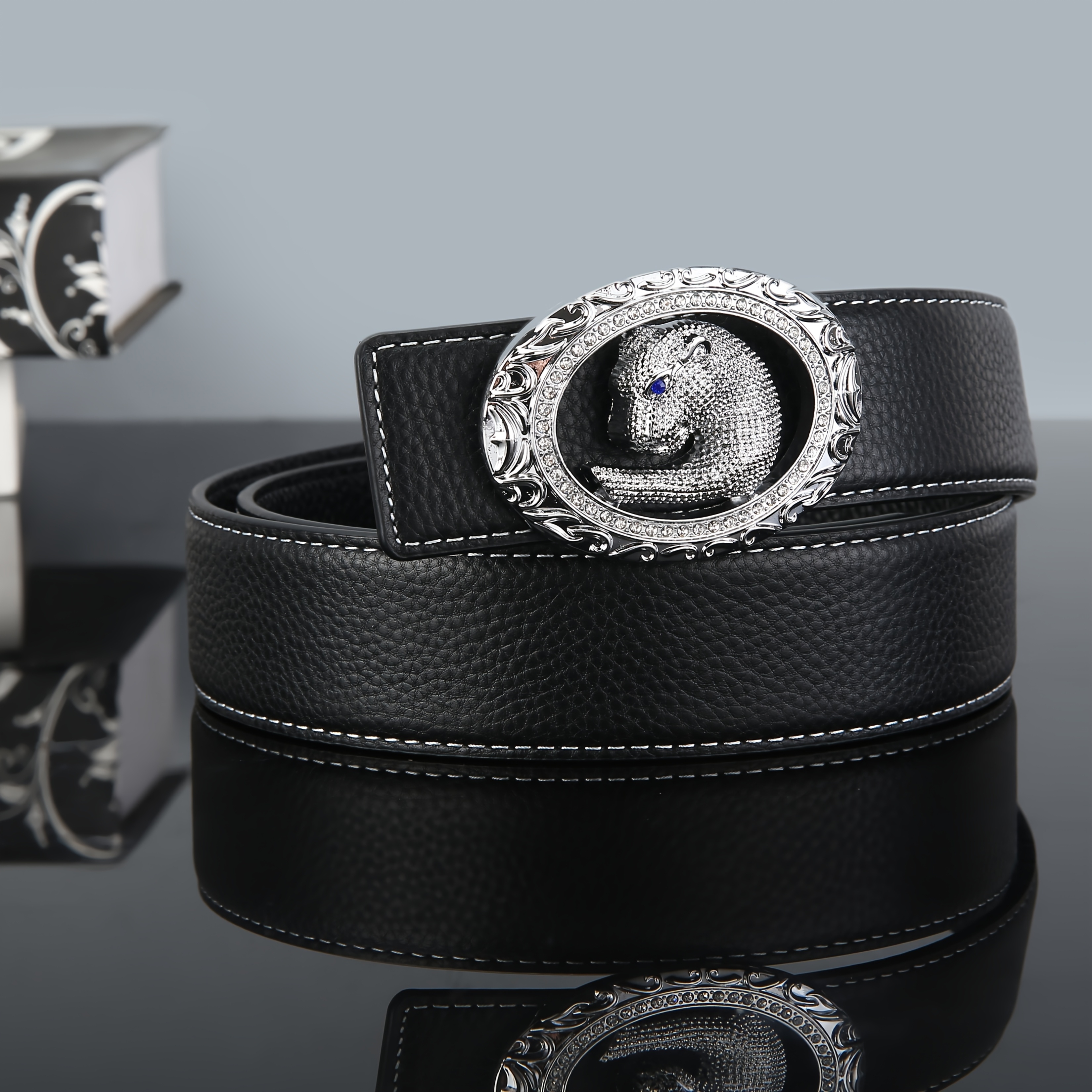 Double sided Top Layer Cowhide Belt With Diamond studded Leopard Head Buckle
