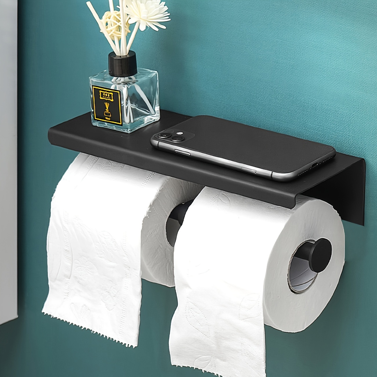 Soporte de papel higiénico negro independiente doble soporte para rollo de  papel higiénico para baño, soporte para rollo de almacenamiento de papel