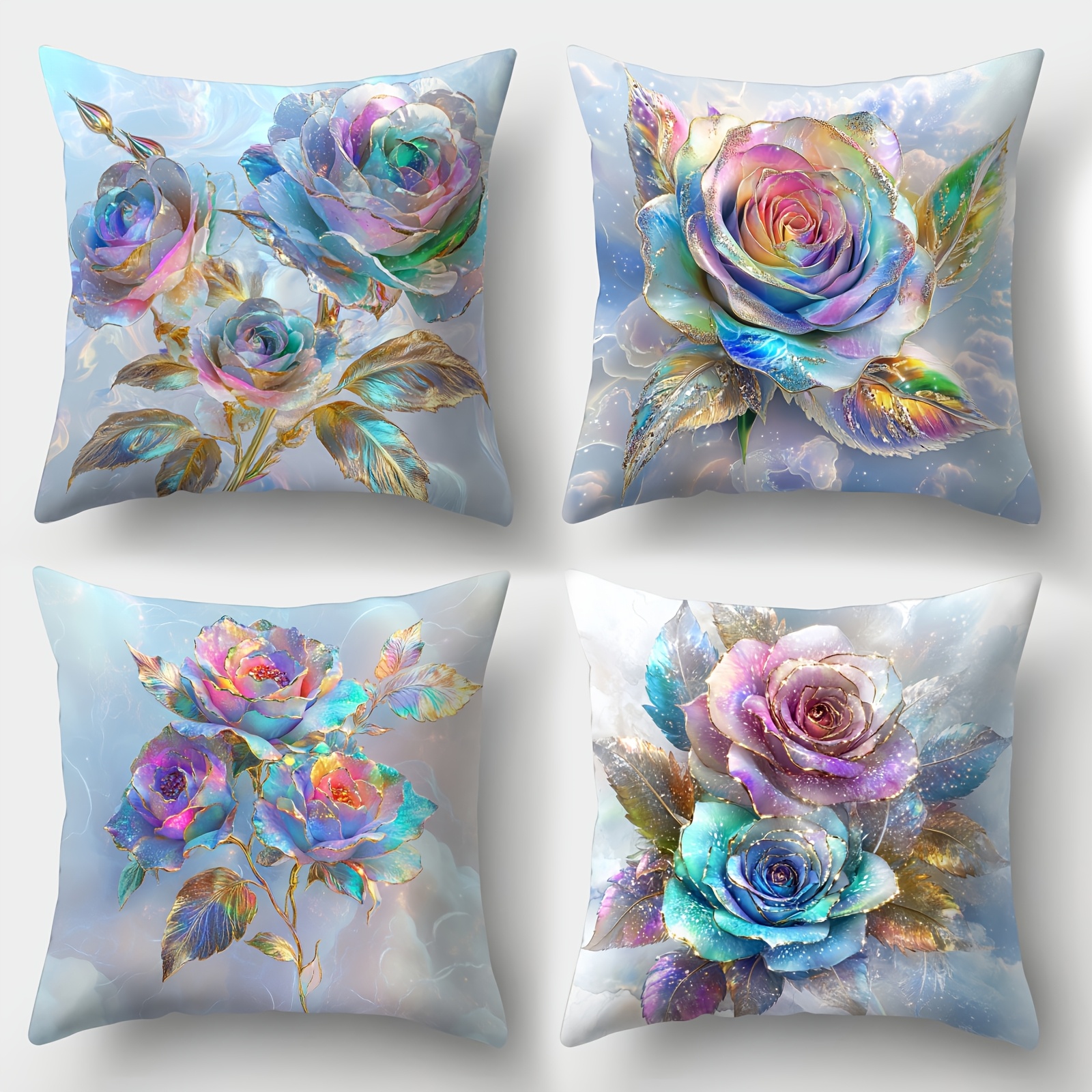 TEMU 4pcs Set Vibrant Rose Flower Throw Pillow Covers - Colorful With Golden Accents, Soft Polyester, Zippered, Ideal For Valentine's Day & Holiday