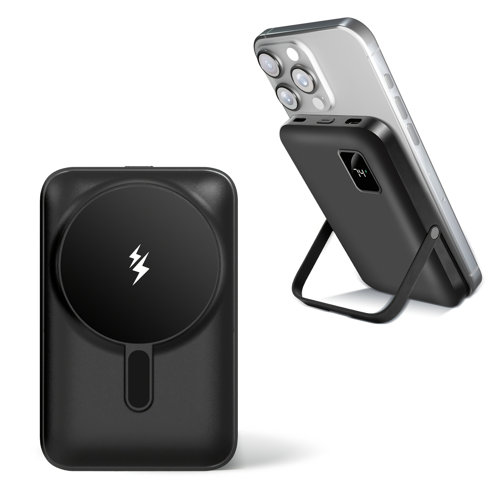 TEMU 10000mah Magnetic Power Bank, Wireless Power Bank, Portable Power Station, Fast Charging With Digital Display And Foldable Stand, For Iphone Duo