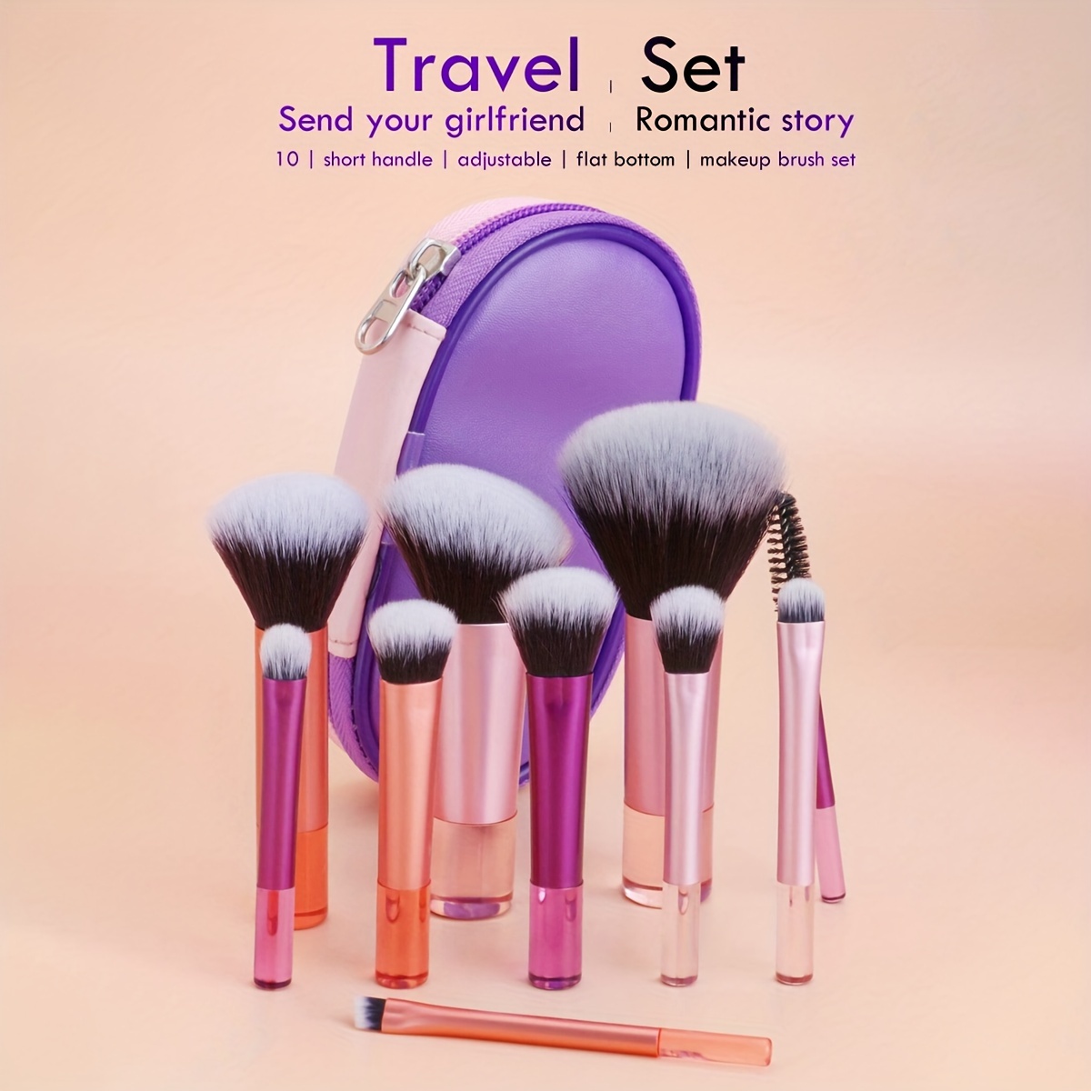 

10pcs Short Handle Portable Makeup Brushes Set With Storage Bag, Including Powder Blusher Brush Powder Brush, Eye Shadow Brush, Eyelash Brush, Eyebrow Brush, Halo Dye Brush