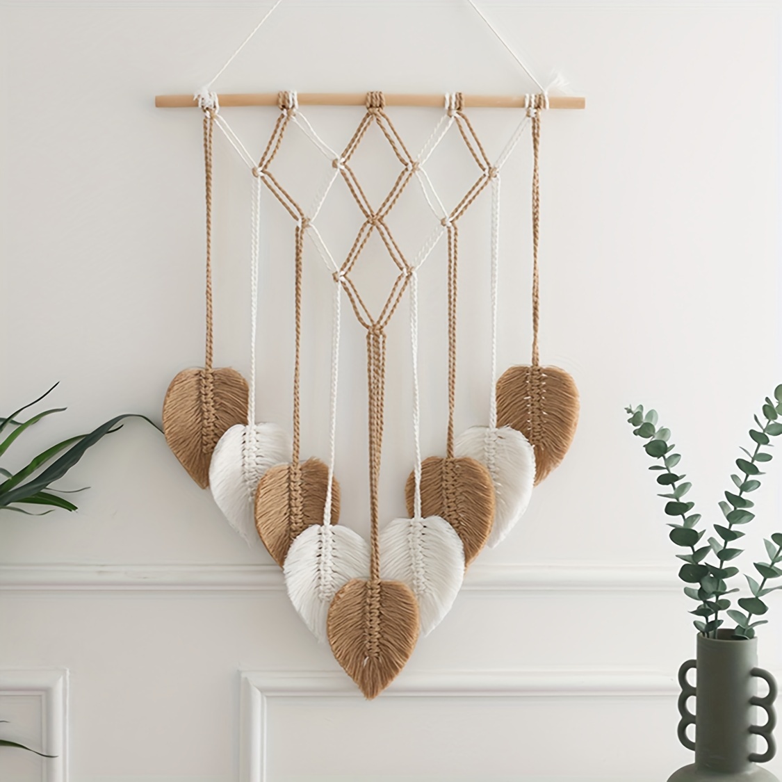 

Bohemian Leaf Tapestry Wall Hanging, Geometric Pattern Cotton Knitted Macrame With Wooden Beads, Fashion Theme Indoor Bedroom Decor, Portrait Orientation, Handwoven Cotton Wall Art