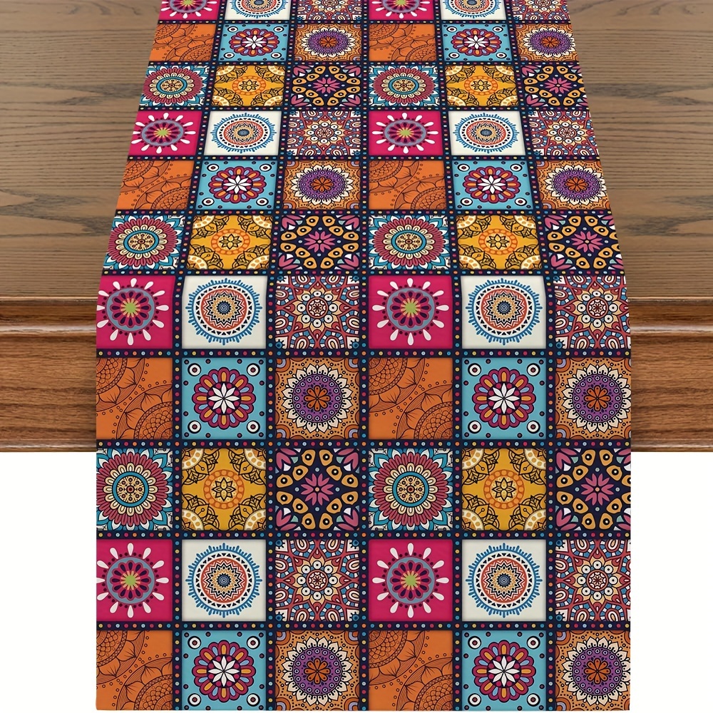 TEMU 1pc, Table Runner, Mosaic Bohemian Style Table Runner, Vintage & Luxurious, For Country Kitchen & Dining Table Decoration