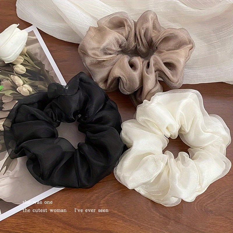 TEMU 3pcs Elegant Mesh Hair Scrunchies, Double-layer Organza Hair Bands, Head Ropes For Travel & Casual Wear, Hair Accessories