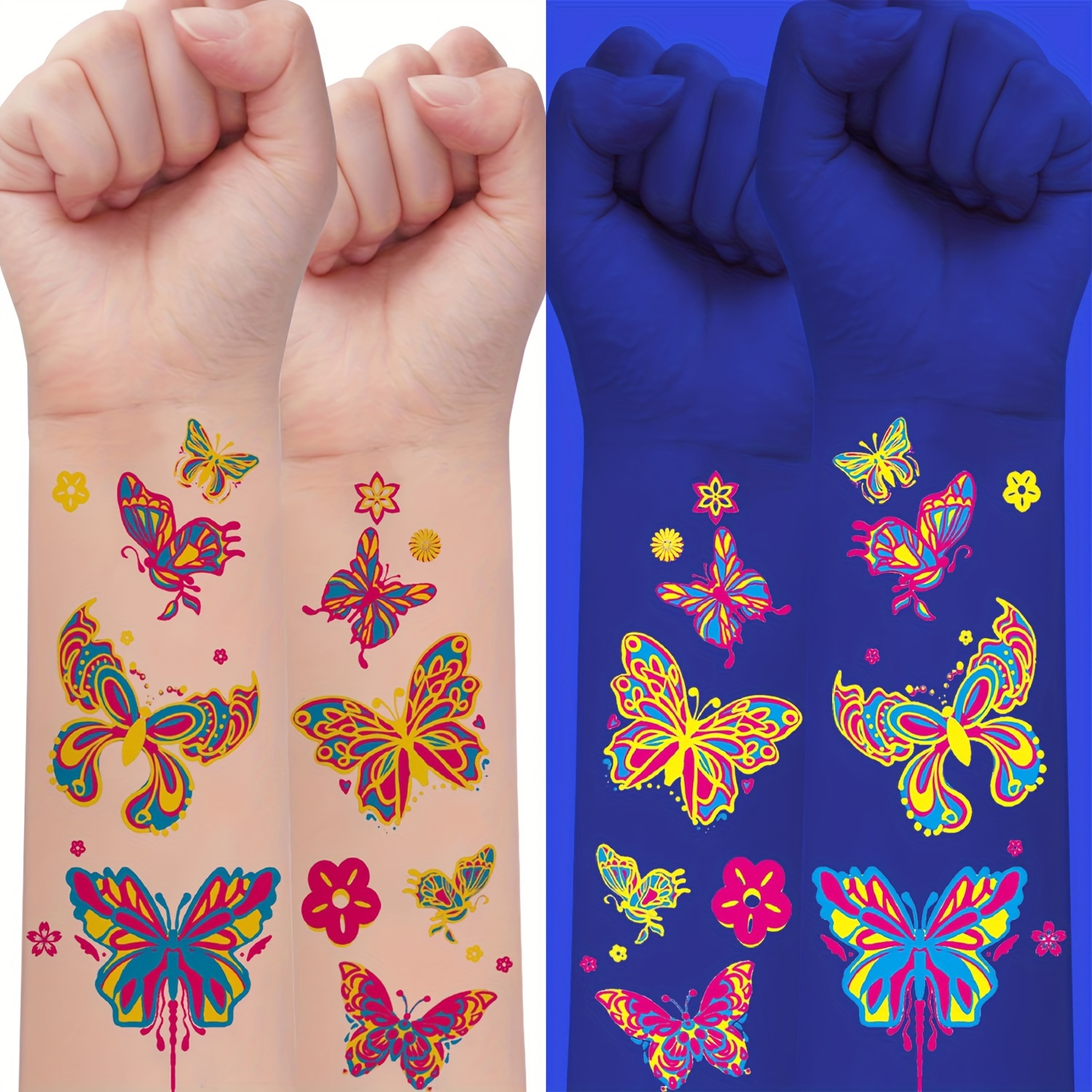 

10pcs (90 Patterns), Colorful Butterfly Fluorescent Temporary Tattoo Stickers, Glow In The Dark Fake Tattoo Stickers, Party Bar Party Body Art Makeup Tattoos For Women For Music Festival