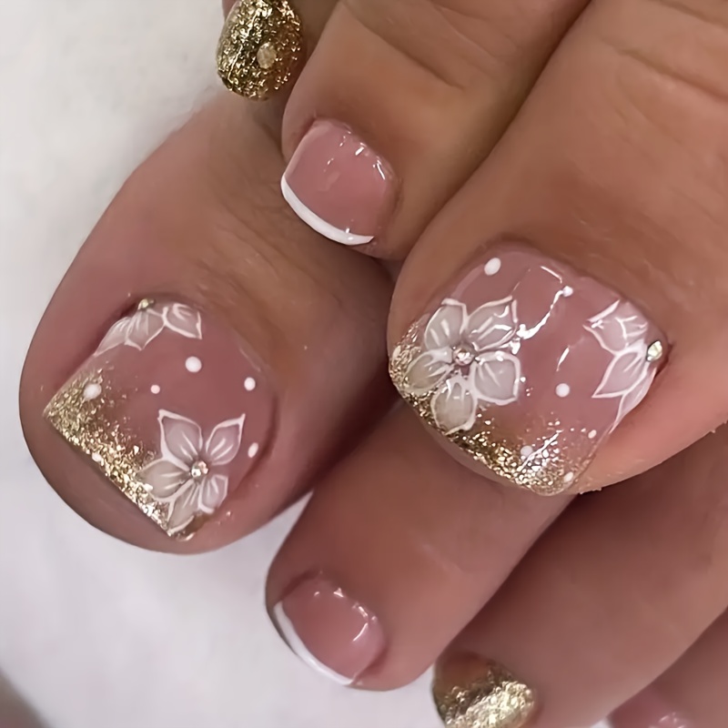 Upgrade Your Style 24pcs Wearable Nail Stickers Pure Floral Premium Glitter Charm Soft Versatile White False Nails With Jelly Adhesive And 1 Nail File