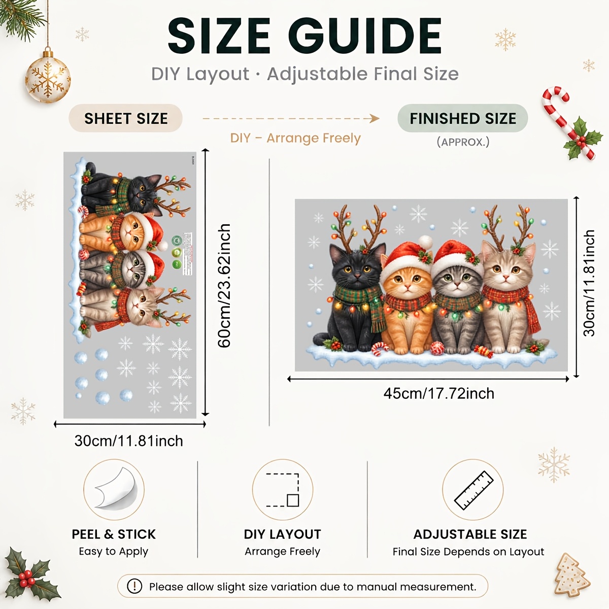 TEMU 1pc 30×60cm Christmas Cute Cats Static Window Cling, Reusable Non-adhesive Glass Decal With Santa Hat, Antler, Scarf, String Lights, Candy Cane,
