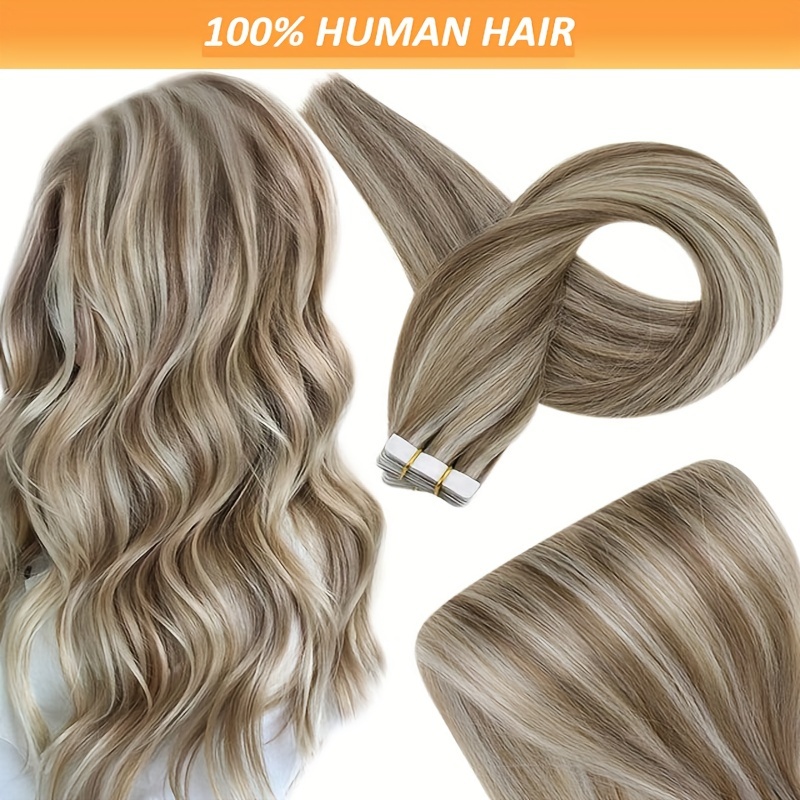 

20pcs Set Seamless Remy Human Hair Extensions, Straight & Natural Look, Easy To Apply - 16-26 Inch, #4/613 Blonde