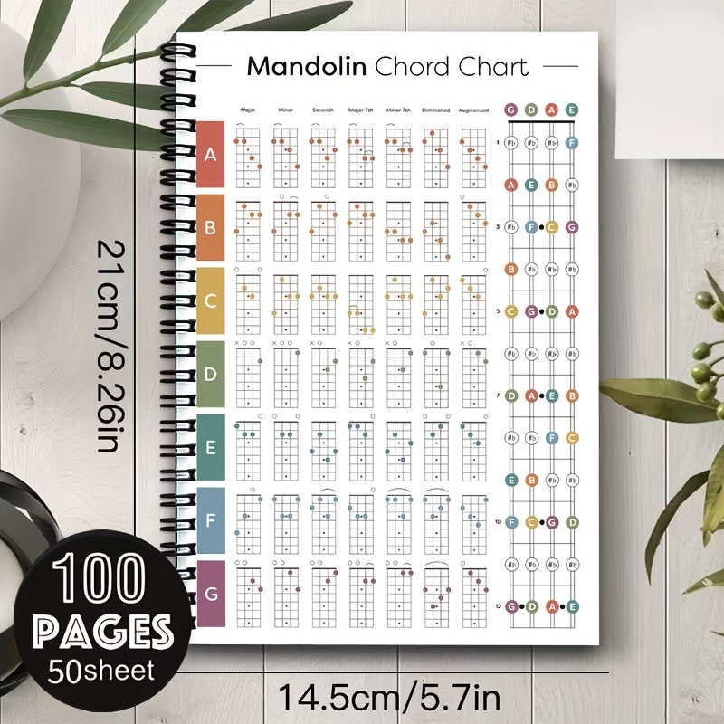 TEMU 1pc Mandolin Chord Chart, X 21 Cm / 5.7 X 8.26 Inches, 100 Pages, [2d] Flat, Essential Music Notes For Practice, Songwriting & Performances,