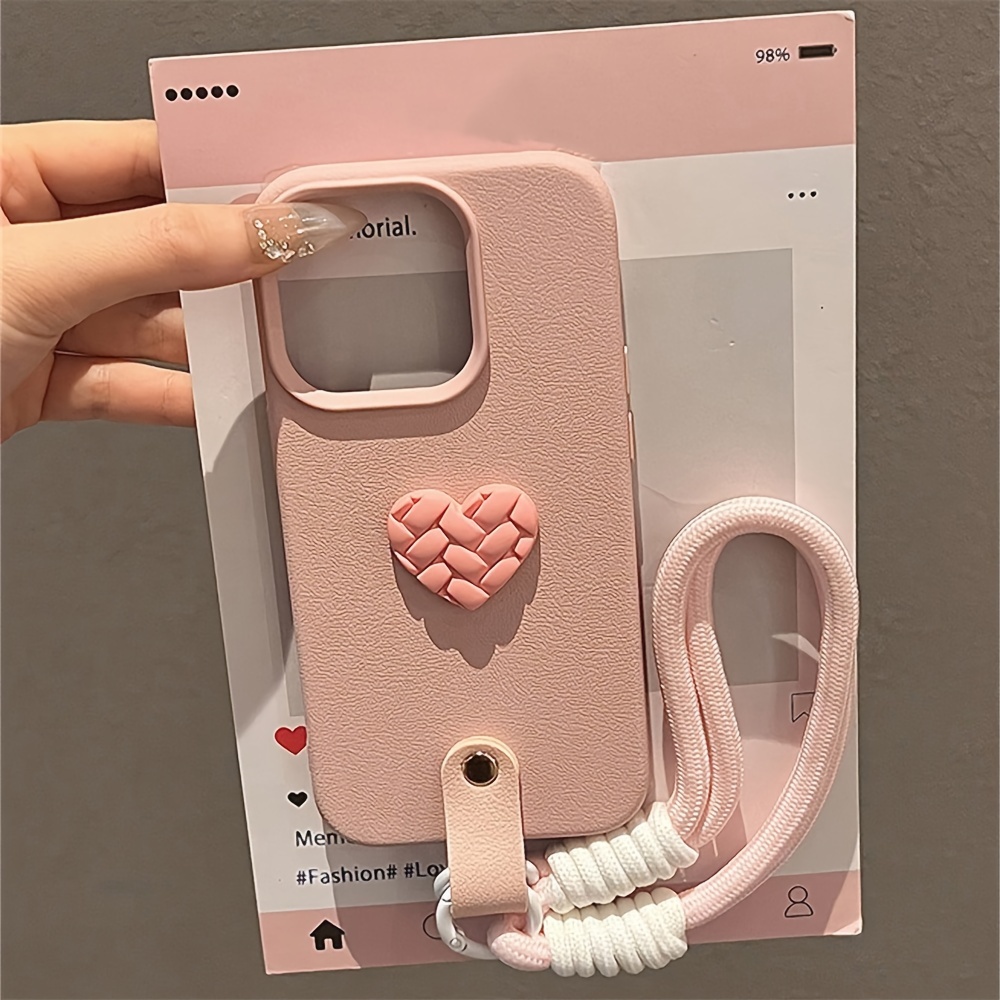 Stylish Braided Love Heart Phone Case with Portable Rope Compatible with iPhone 16 15 14 12 13 11 Pro Max, Shockproof Back Cover