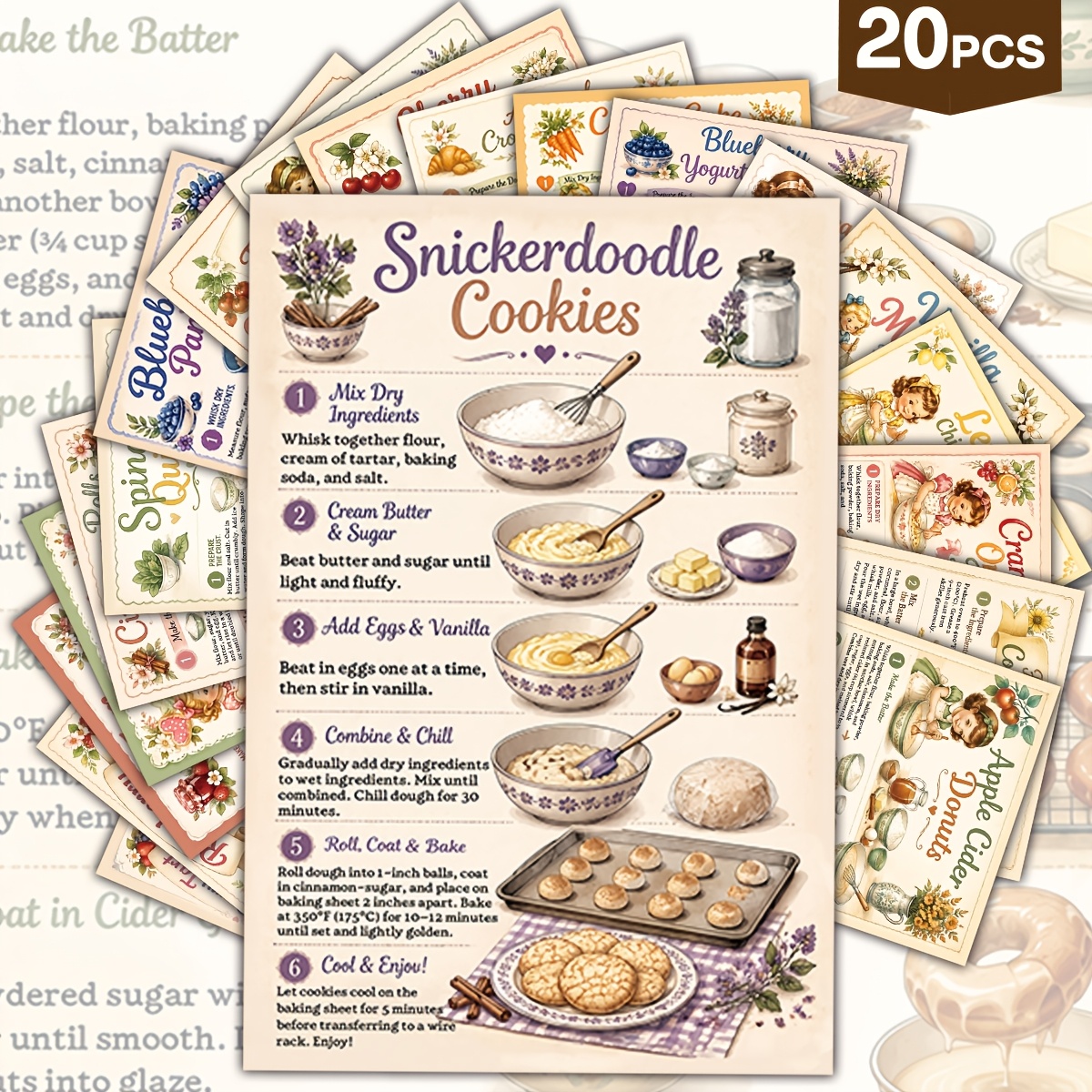 TEMU 20pcs Pcs Vintage Baking Recipe Cards Suitable For Scrapbooks, Cooking Journals, Kitchen Wall Decor - Step--step Dessert Guides With Watercolor