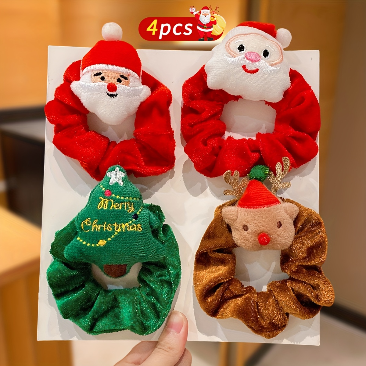 Image of 4pcs Set Of ' Colorful Christmas Hair Ties, Red Green Brown Fabric Design, Santa Reindeer Christmas Tree Scrunchie Set