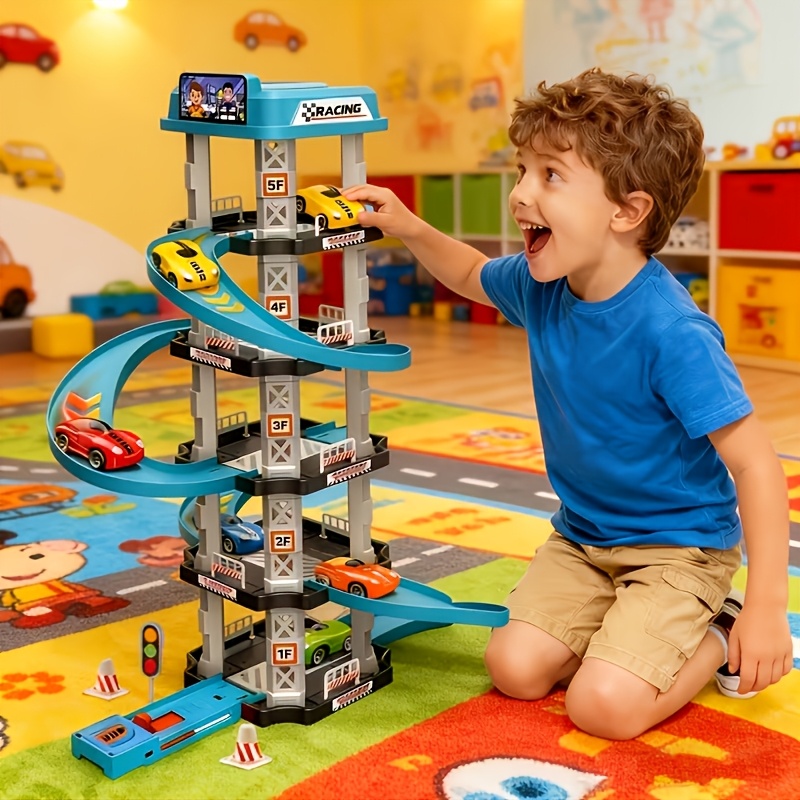 3d multi layer racing track set including 2 racing cars ejection launchers drift tracks helipads and gas stations assembled educational toys to   hand eye coordination and thinking   suitable for birthday and new year gifts details 1