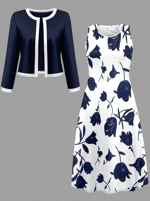 Women S Elegant Two-Piece Set, Solid Color Spliced Cardigan with Fashion Print Dress