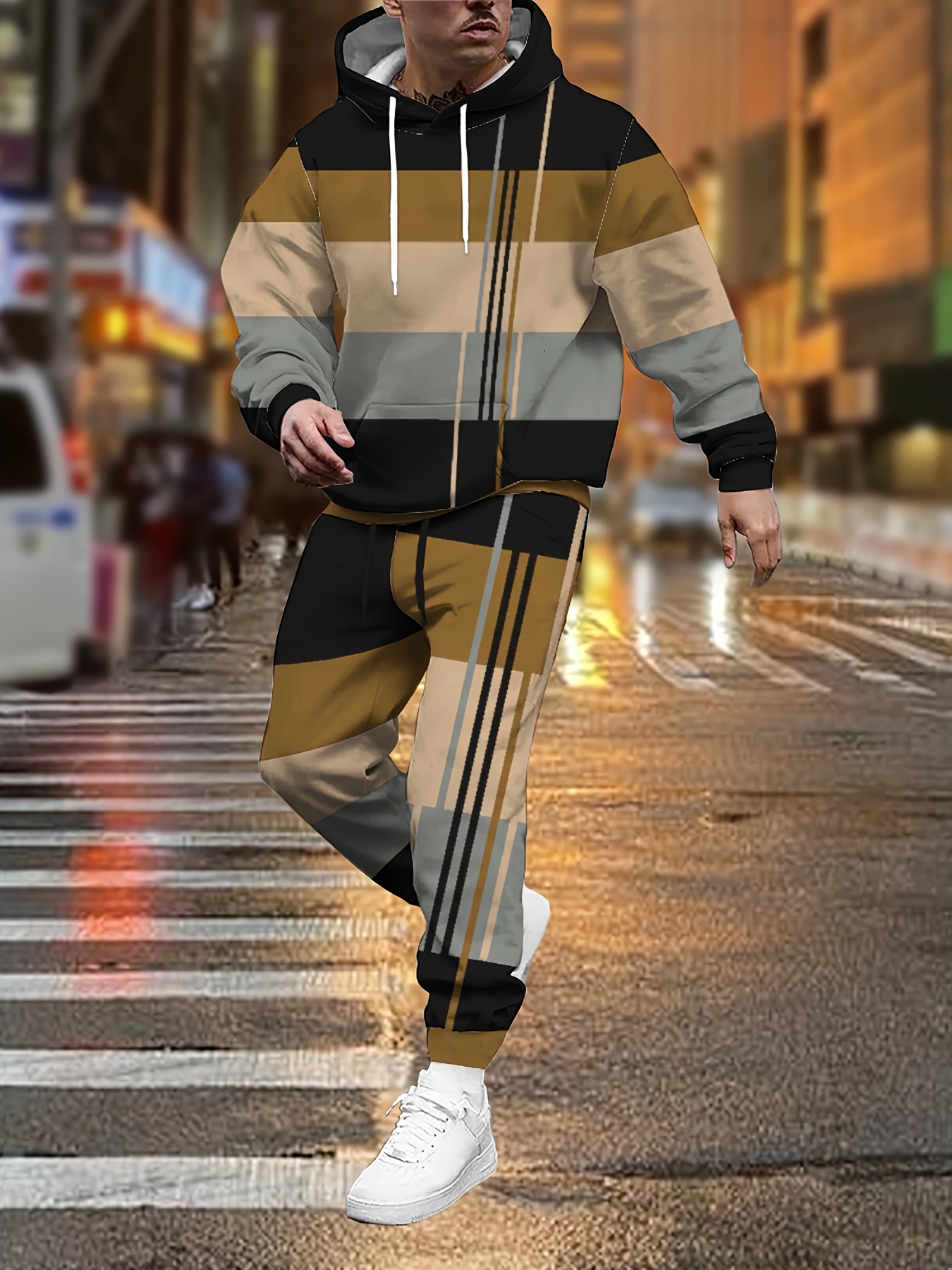 mens casual hooded sweatsuit set polyester color block print