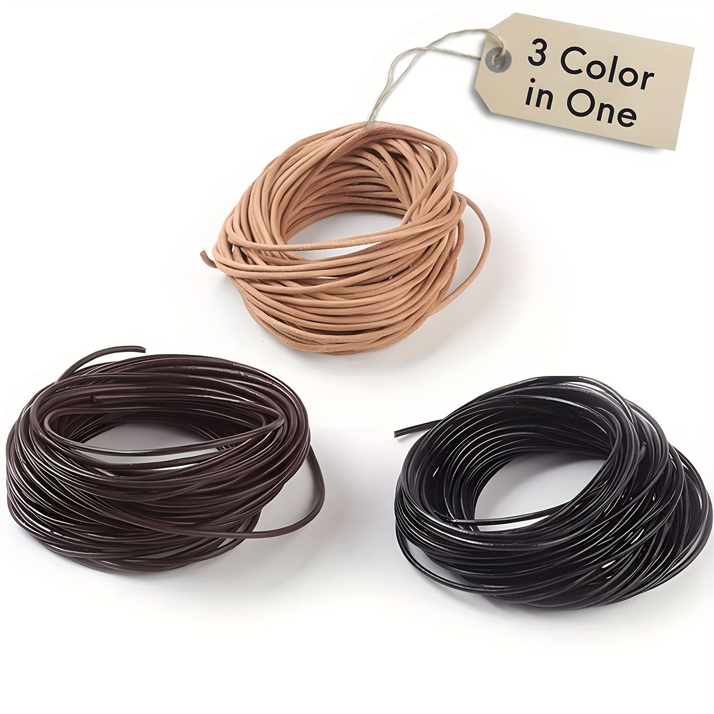 

3-pack Round Genuine Leather Rope, 16.5 Yards, Diy Craft Material For Jewelry Making, Bracelets, Necklaces, Gift Wrapping, , Leather Art Supplies, Cowhide Leather Cord