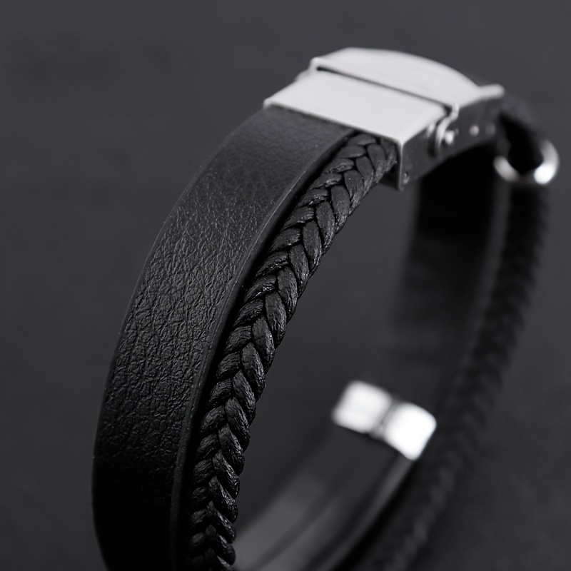 Personalized Men's Braided Faux Leather Bracelet - Double Layer Adjustable