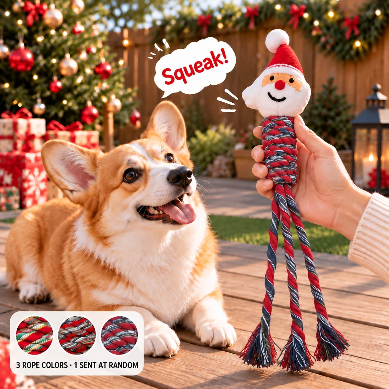 TEMU Christmas Squeaky Santa Claus Long Rope Dog Knot Toy, Colorful Braided Knot Rope With Plush Santa Claus Squeaky Head And Tassel, Chew-resistant