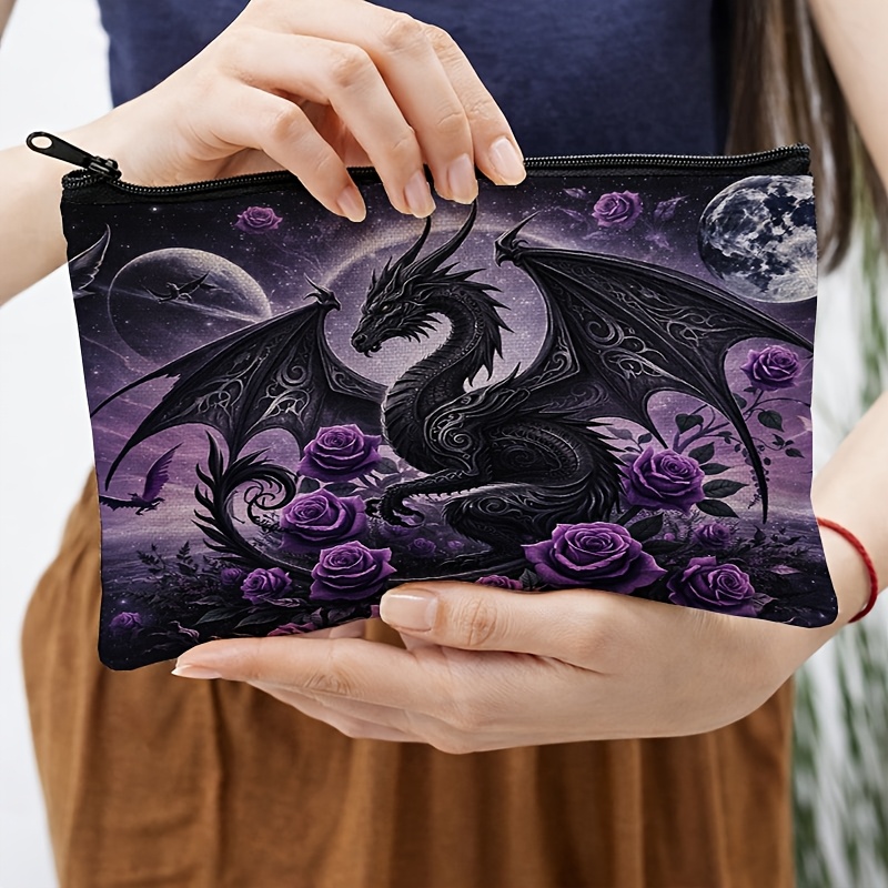 TEMU 1pc Style Illustration Makeup Bag, Purple Rose And Carved Black Dragon Surround Mysterious Storage Bag, Suitable For Graduation Gift, Travel