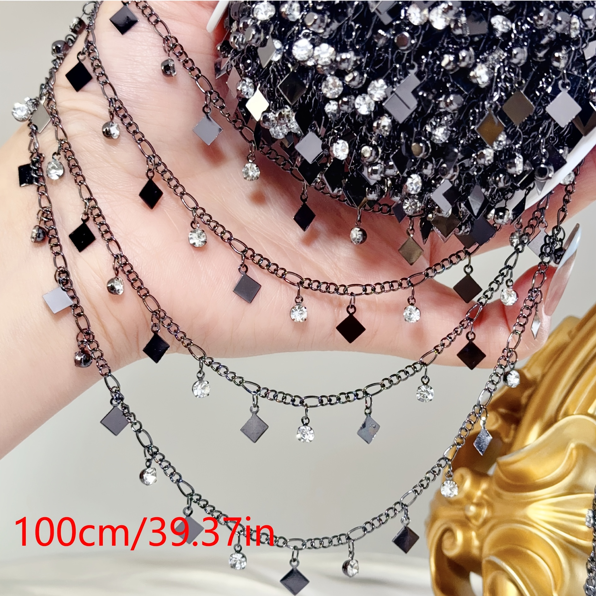 TEMU Chaîne de bijouterie DY de 1 m avec pendentif carré et pompon, matériau d'accessoire de pompon pour et vêtements de style