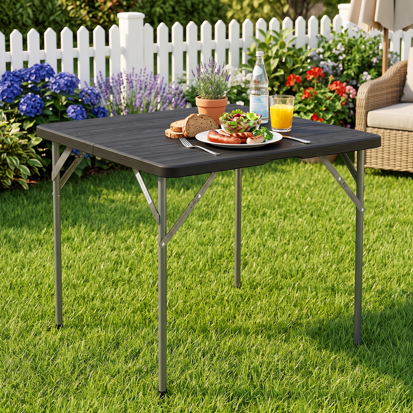 Image of Sekey Folding Garden Table, 86 X 86 X 74cm, Made Of Plastic With A Wood-effect Finish - Black, Suitable For , Camping Table, Side Table - Perfect For The Patio, Garden, Campsite And Outdoor Picnics