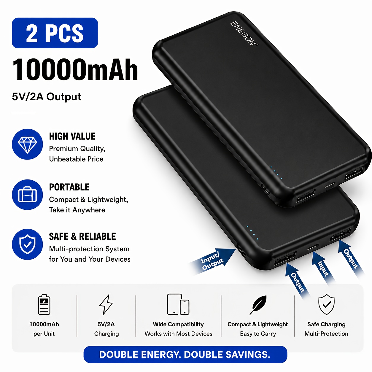 TEMU Enegon Power Bank 10000mah 2 Packs, Slim Small But Strong External Mobile Phone Batteries, Usb C Input And Output Power Bank, Portable Charger