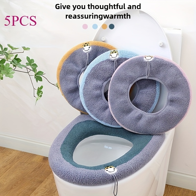 Image of 5pcs Random Colors Toilet Seat Covers - Soft, Thick, Warm Pads, Portable, Moveable, Easy-to-, Perfect For Home, Dorm, Holiday Gift, Christmas Present