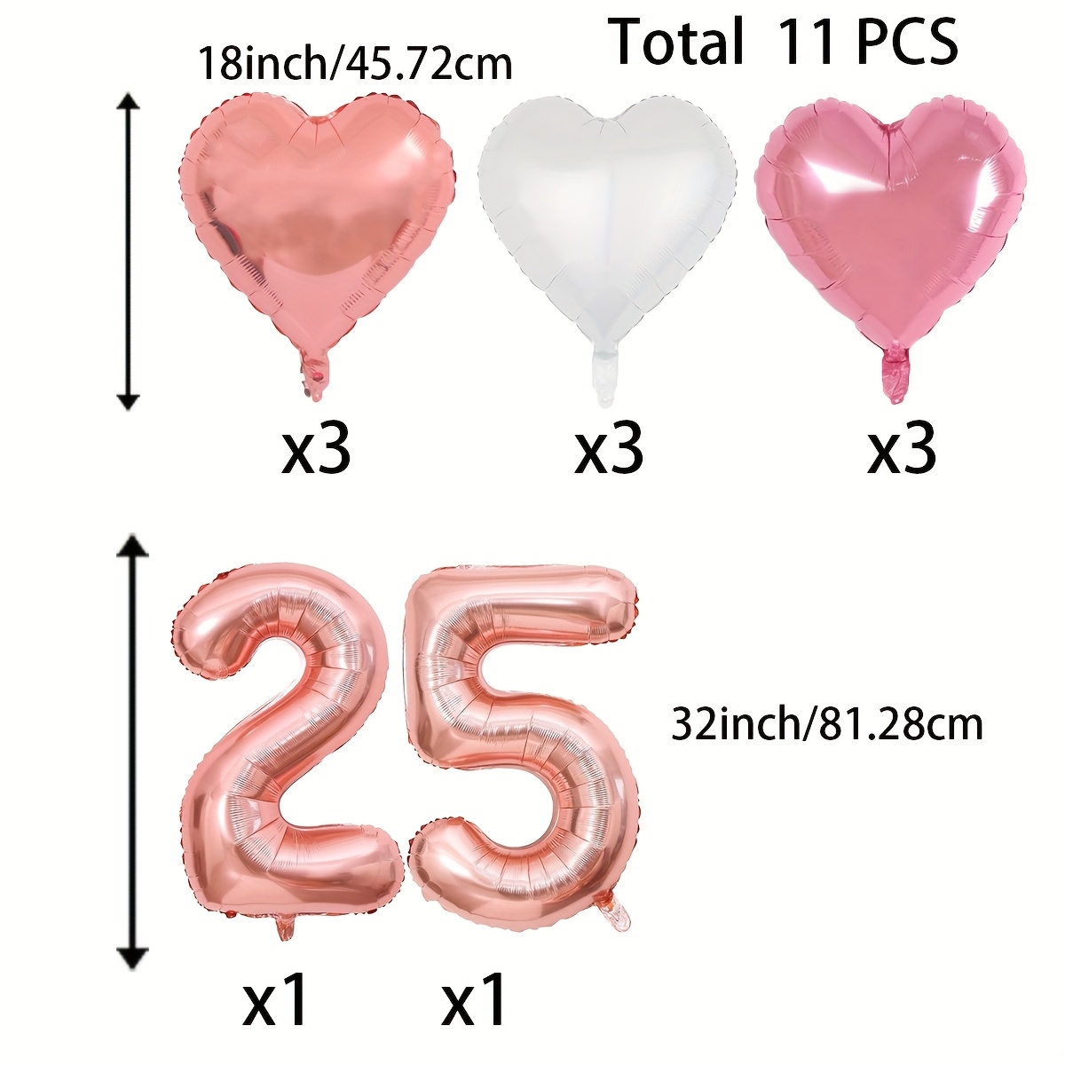 Image of Rose 25 Balloon, 32 Inch Number 25 Balloon With 18inch Rose Pink Heart Foil Mylar Balloons For 25th Birthday Anniversary Christmas New Year Wedding Birthday Party Decorations