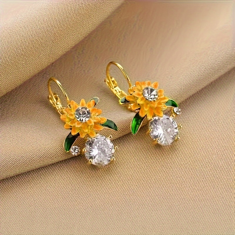 

1 Pair Sunflower Zirconia Earrings, Bohemian Style Elegant Ear Jewelry For Women Daily Wear