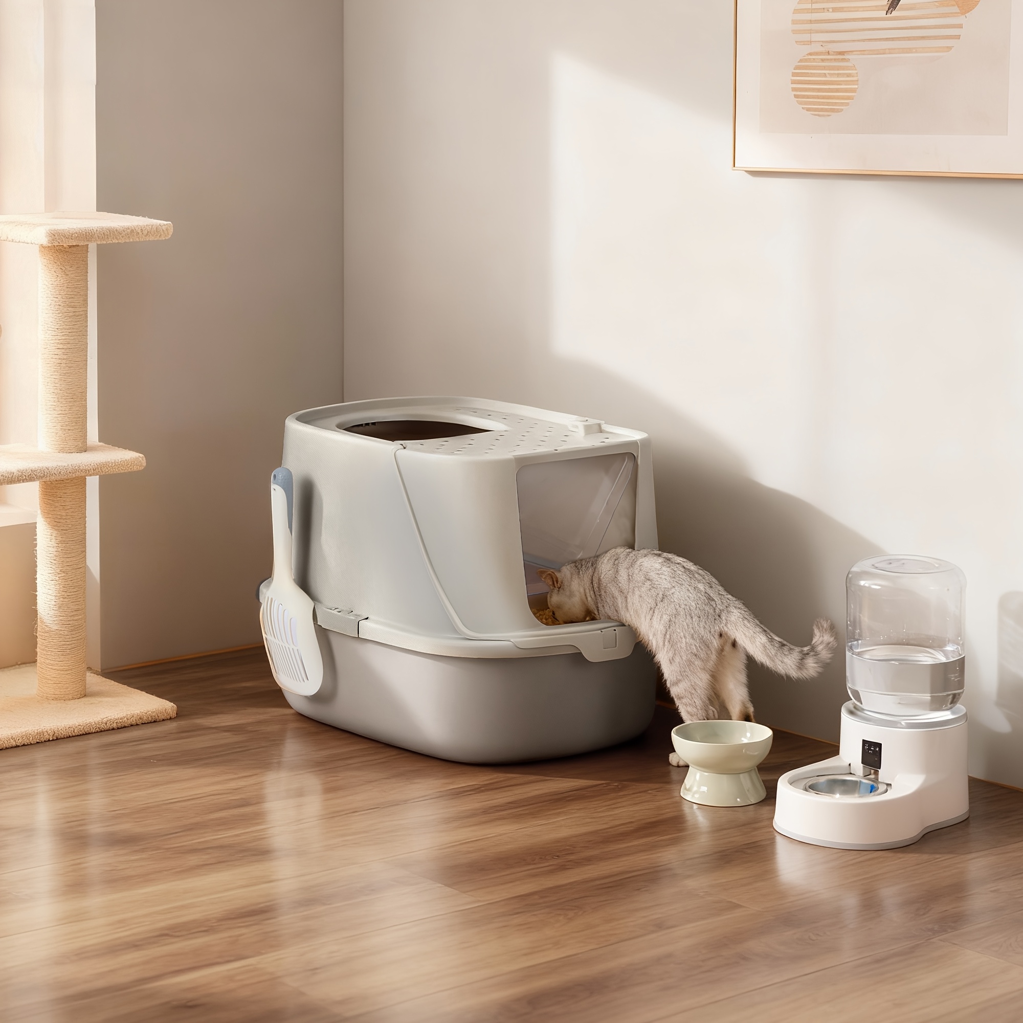 Image of Large Cat Litter Box, Xxl Size, Cat Litter Tray With Lid, Scoop And Brush, For Cats Up To 15 Kg, 57 .6 X 38.2 Cm, Oat And Warm, Without Battery