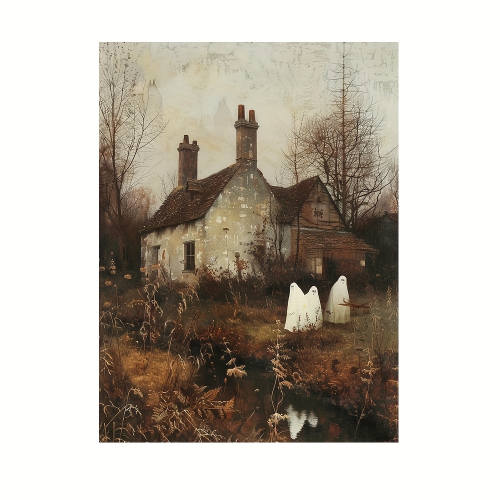 

1pc Rustic Ghosts In Cottage Canvas Poster Art, Waterproof Frameless Wall Decor, Halloween Themed Print For Home, Cafe, Office, Bar, 12x16inch