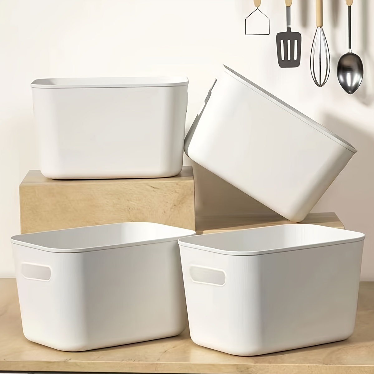 

3pcs White Plastic Organizer Bins, Multipurpose, With Condiments, Snacks, Files, And Books Storage Boxes For Kitchen, Office, And