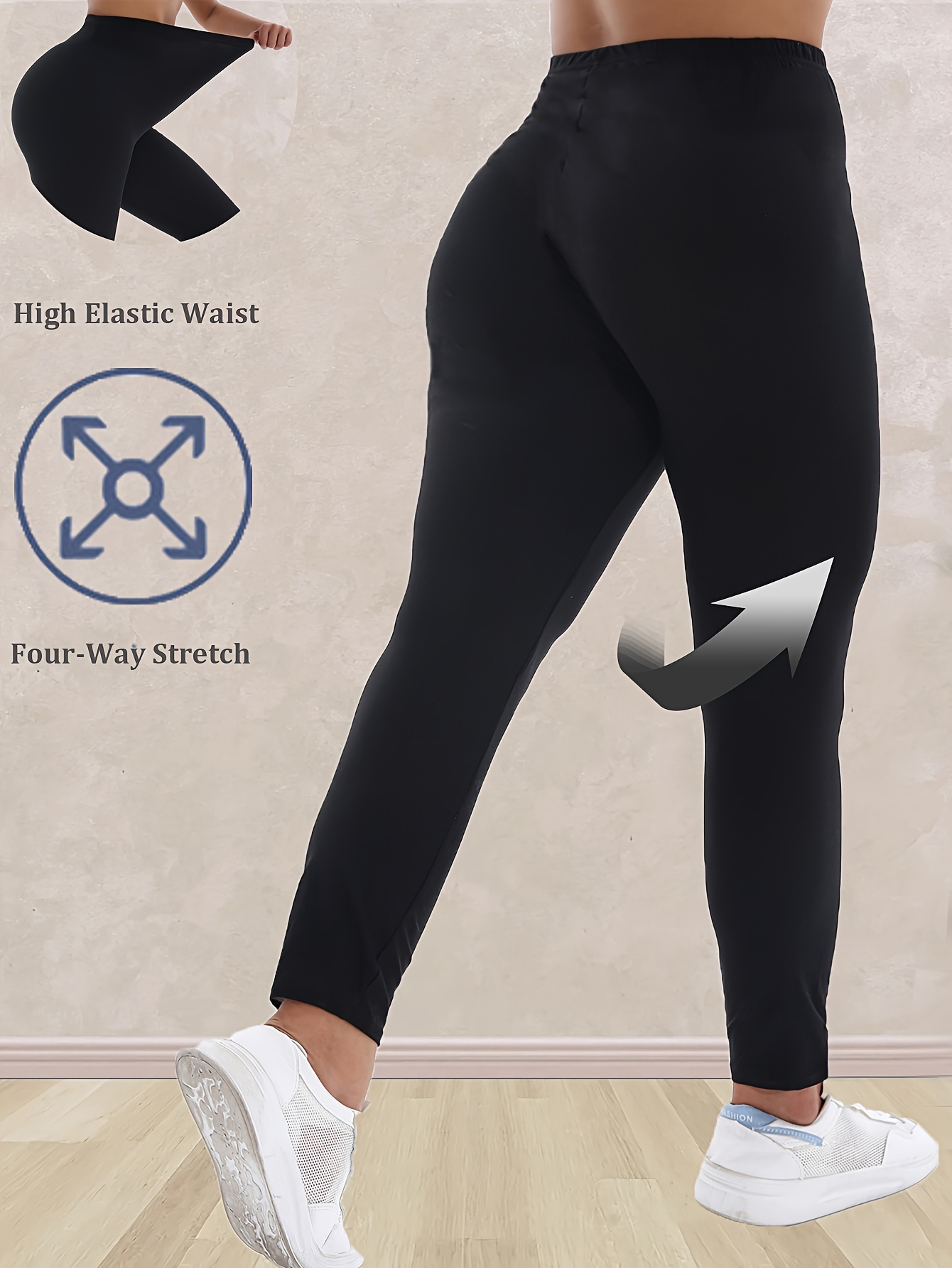 Plus Size, Plus Size Women's High-Waisted Leggings - 4-Way Stretch Elastic Waistband, Solid Black 7/8 Length Pants for, Casual & All-Season Wear - Machine Washable Apparel, Leggings, Versatile Clothing, Highelastic Waistband