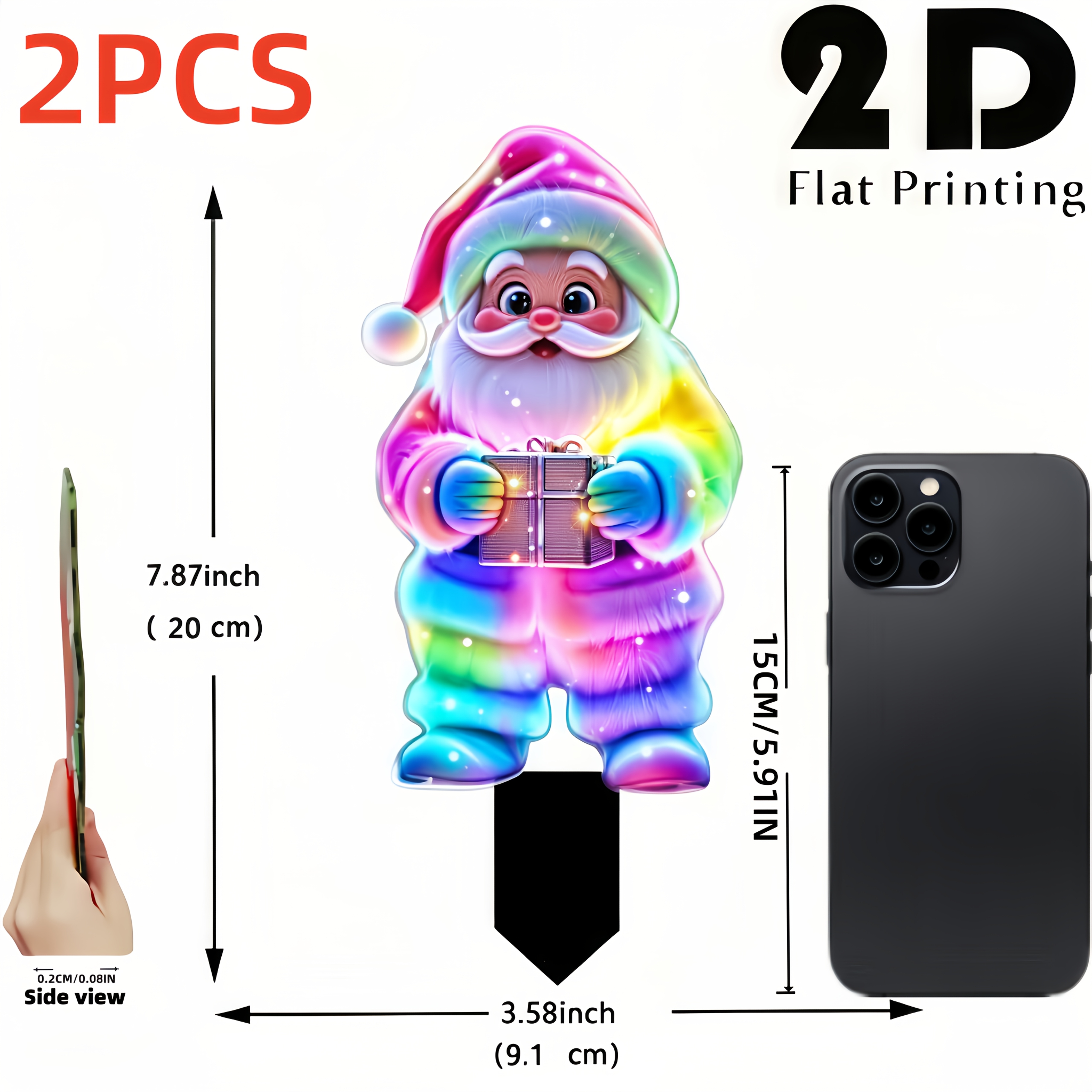 TEMU 2d Flat, [2d Flat] 2d Flat, 2pcs Neon Effect Santa Claus, Suitable For Christmas Garden Decoration, With Ground Stakes, Ideal For Outdoor Decor