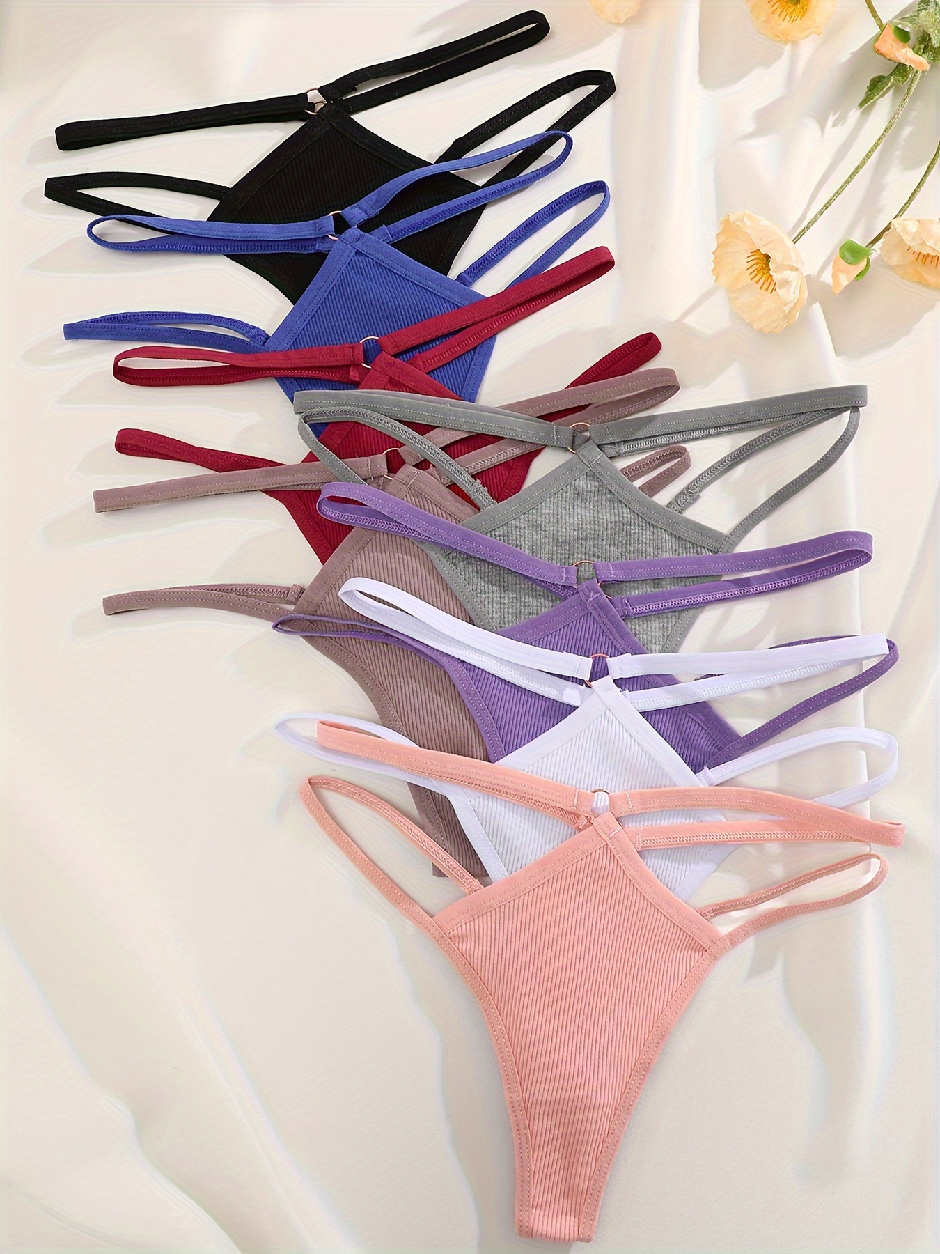 8pcs Women's Low-Rise Solid Color Vertical Striped Thong Underwear with Cross-Back Design - V-String Minimalist Sexy Panties in Black, Navy, Burgundy, Gray, Purple, Pink, Light Blue, White - Soft Everyday Comfort Fit