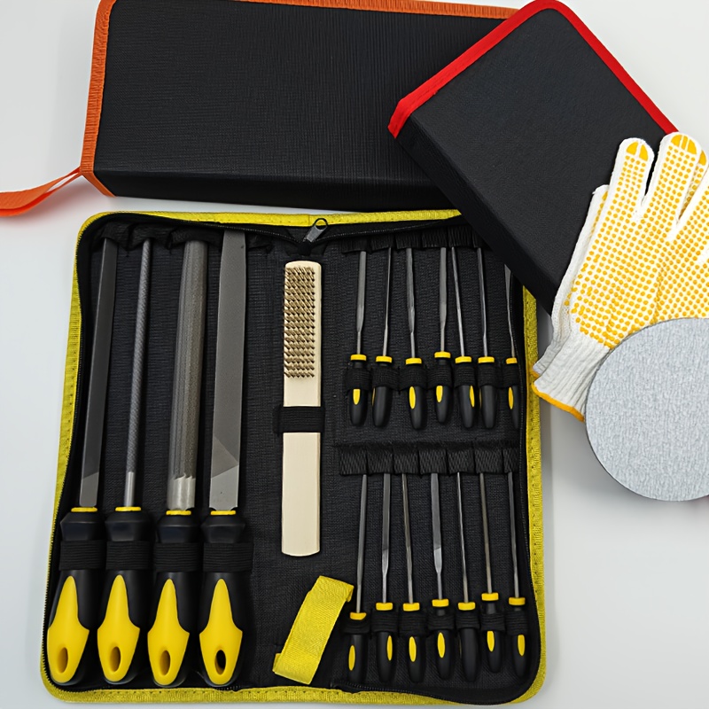 

19pcs Files Set With Carry Case, Flat//half-round/round Large File And 14pcs Needle Files For Woodwork, Metal, Model & Hobby Applications.gift Gloves And Sandpaper.