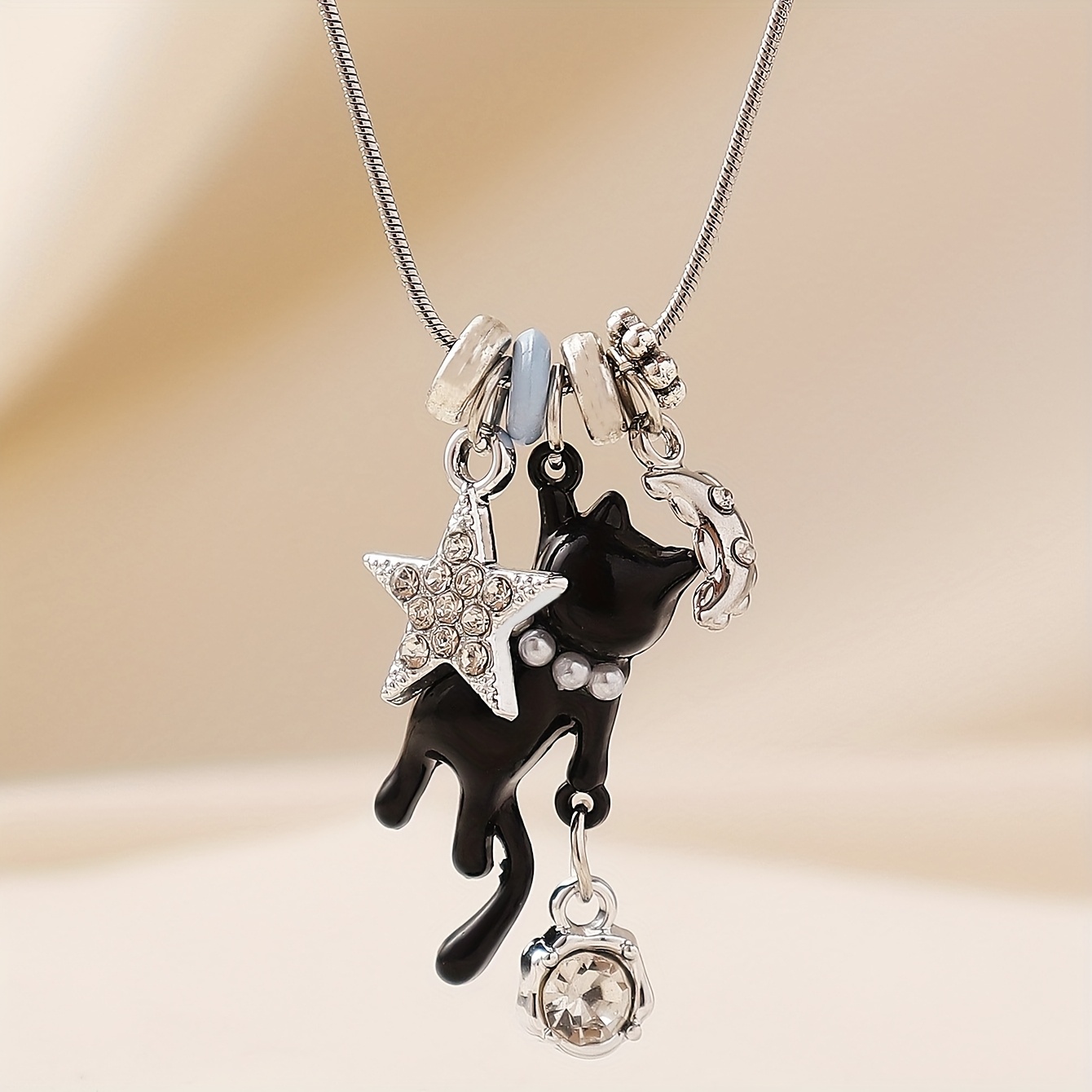 TEMU 1pc Of Fashionable Stainless Steel Chain Necklace For Women, Featuring Stars, , Hearts, Cats, Dice And Full Of Rhinestone. The Stars Won't Fade.