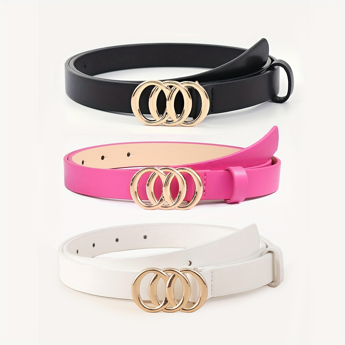 Golden Triple Ring Buckle Belts Simple Solid Color Pu - Temu