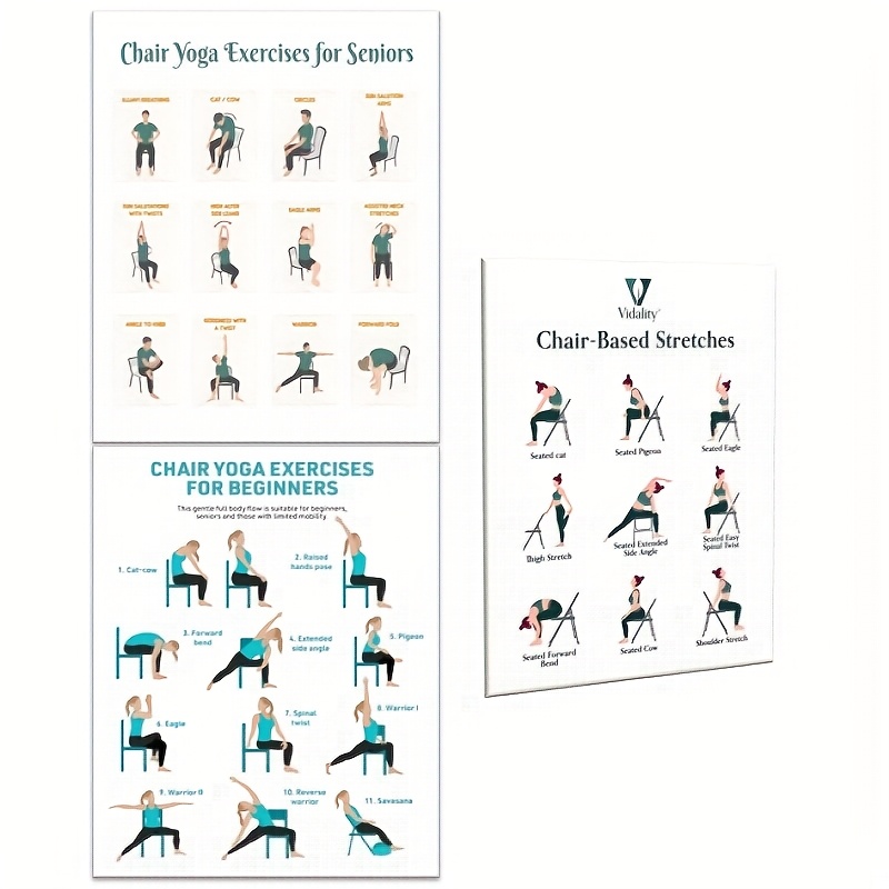 Image of 3pcs Chair Yoga Exercise Posters - Frameless Fitness Stretches & Beginner Yoga Guide For Seniors, 8x10 Inches, Health, Yoga Poses, And Indoor/outdoor Use In Bedroom, Living Room, Or Home Office