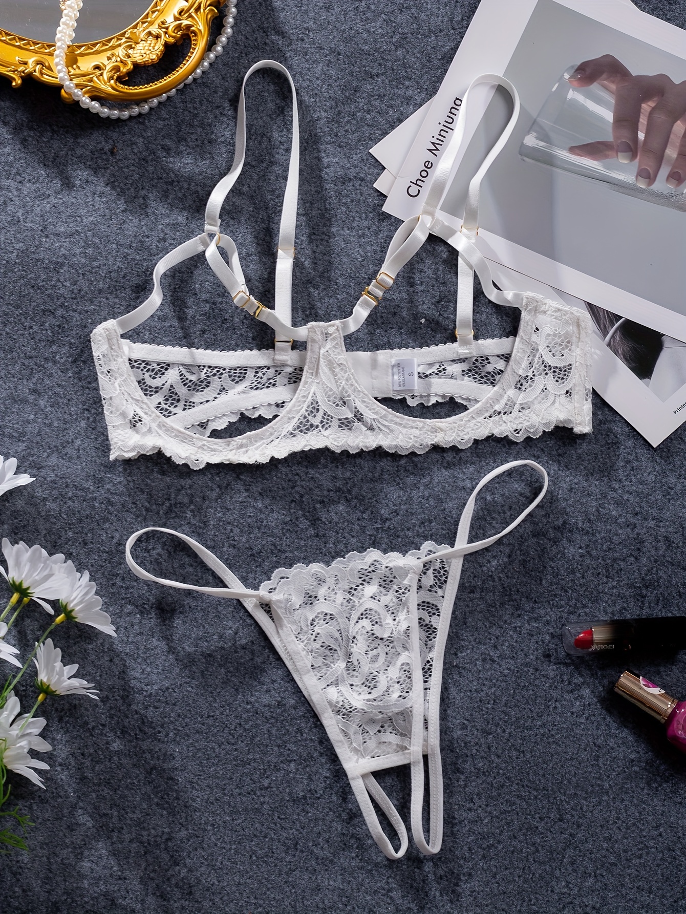 Erotic Floral Lace Lingerie Set Open Bust Bra Open Crotch - Temu