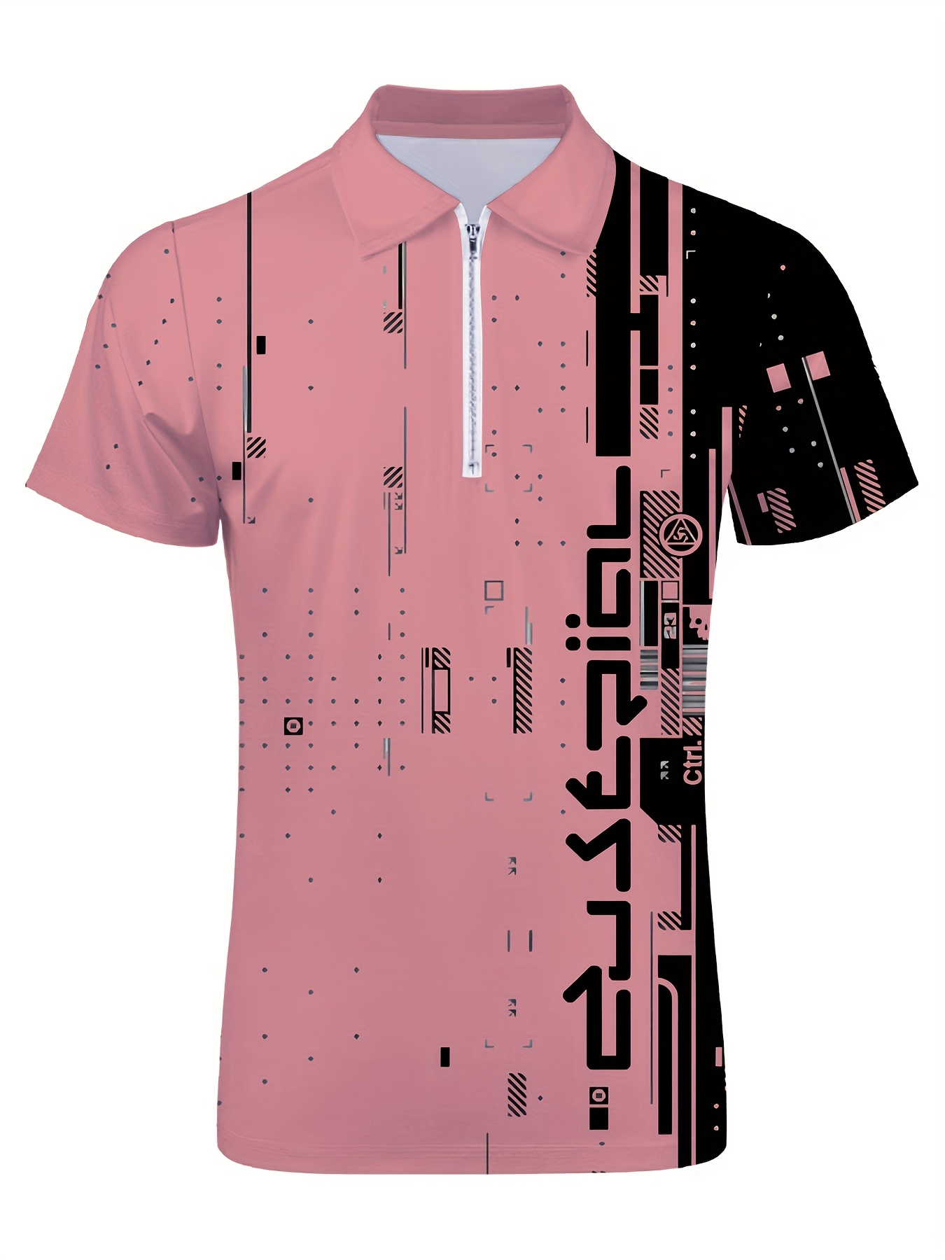 Men'S Plus Size Golf Shirt, Polo Shirt, Short Sleeve, Regular Fit, Fashionable Design, Blended Color, Casual Top with Zipper Detail