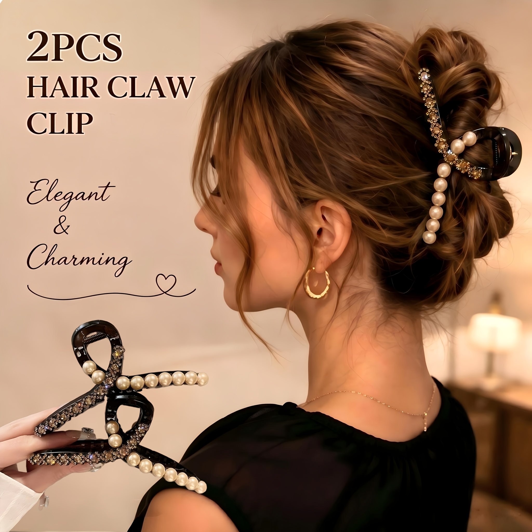 TEMU 2 pezzi Fermagli per capelli da donna con cuore, e strass in perla, Clip a squalo grandi antiscivolo a presa forte per capelli spessi e sottili,