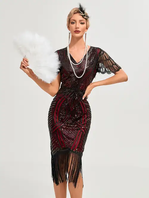 1920s Retro Sequin * Party Dress with Fringe Short Sleeve Beaded Evening Gown for Banquet * In Stock 1920s Retro Sequin * Party Dress with Fringe Short Sleeve Beaded Evening Gown for Banquet * In Stock