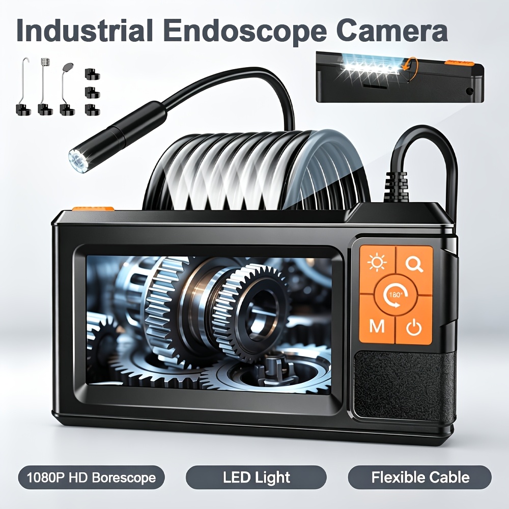 TEMU Professional Adjustable Industrial Endoscope Camera With Light - 1080p Hd 8mm Lens & 4.3” Screen, Compatible For Automotive, Sewer Inspection,