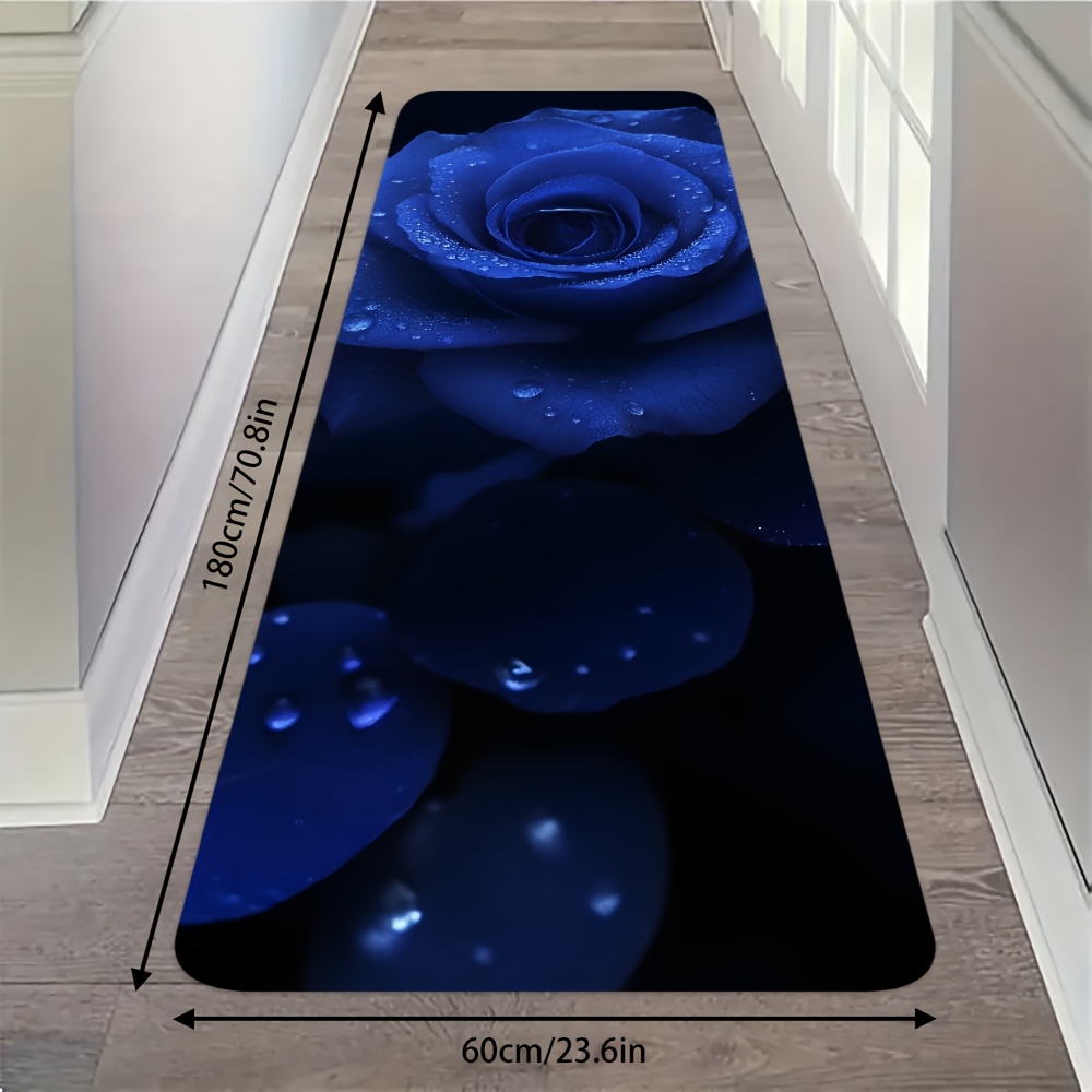 TEMU Blue Rose Pattern Hallway Runner Mat, Kitchen Rugs, Long Strip Mat, Dotted Plastic Anti-slip Backing Mat, Bedside And Sofa Side Mat, Kitchen