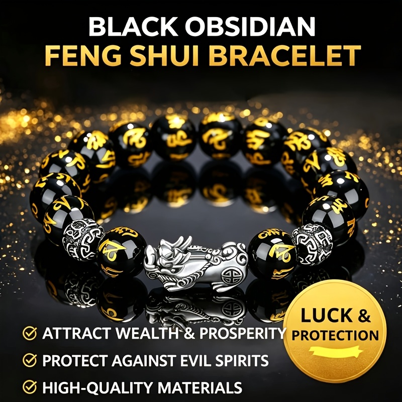 TEMU Shui Obsidian Silvery Pi Xiu Bracelet, Bracelet Unisex, Adjustable Bead Protection Bracelet, Symbolizing And